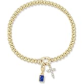Free bird Cross Birthstone Bracelet | Dainty 14K Gold Plated Cross Charm Bracelet for Women | Stretchable Elastic Gold Beaded Bracelet | Stackable Trendy Birthstone Bracelet | Jewelry Gifts for Women