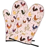 Chicken Pattern Oven Mitts of 2-Pack Set, Funny Kitchen Gloves Heat Resistant Non-Slip Kitchen Mitts Safe Cooking Baking Grilling