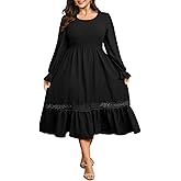 Plus Size Maxi Dress for Women Wedding Guest Fall Smocked Long Sleeve Round Neck Empire Waist Flowy Ruffle Dress 1XL~4XL