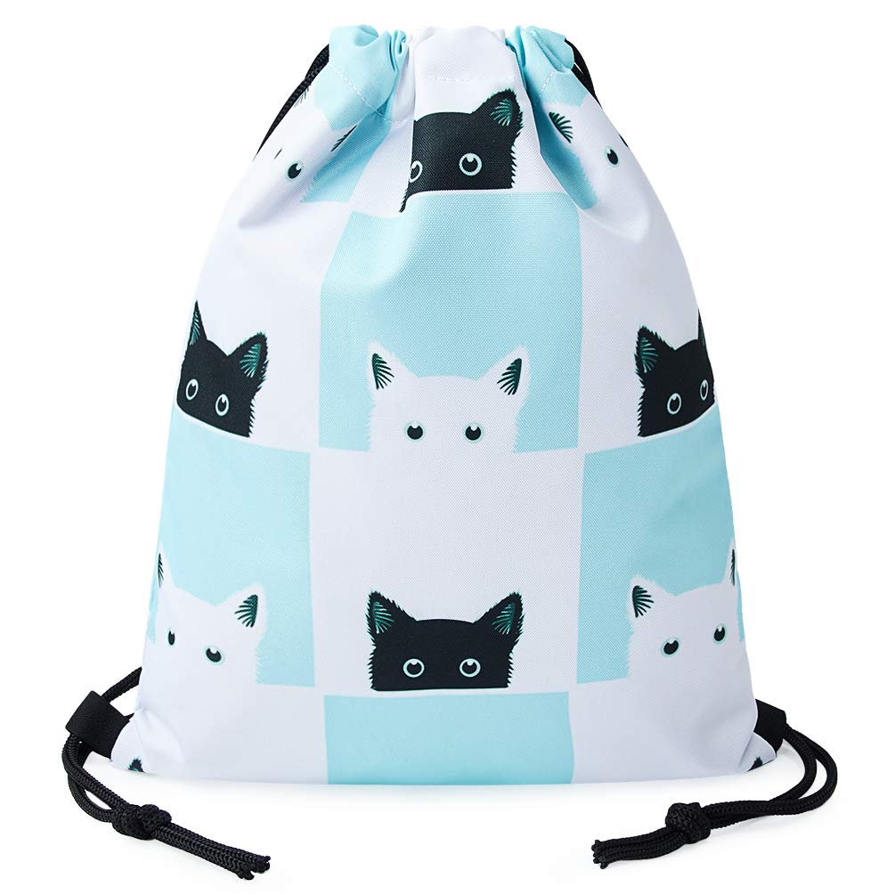 TUONROAD Pretty Cute Design Animal Print Drawstring Backpack Teal White Grid Black Cat Waterproof Lightweight Heavy Duty String Cinch Bag Sack Pack for Toddler Children Kids Girls Boys