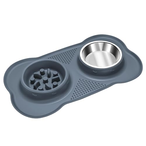 ALTANIM Slow Feeder Dog Bowls, Slow Down Eating, Non Skid Silicone, Non Spill Drinking, Food and Water Bowl, Small Medium Breed Dogs, Cat Dishes, Dishwasher Safe (Grey, M)