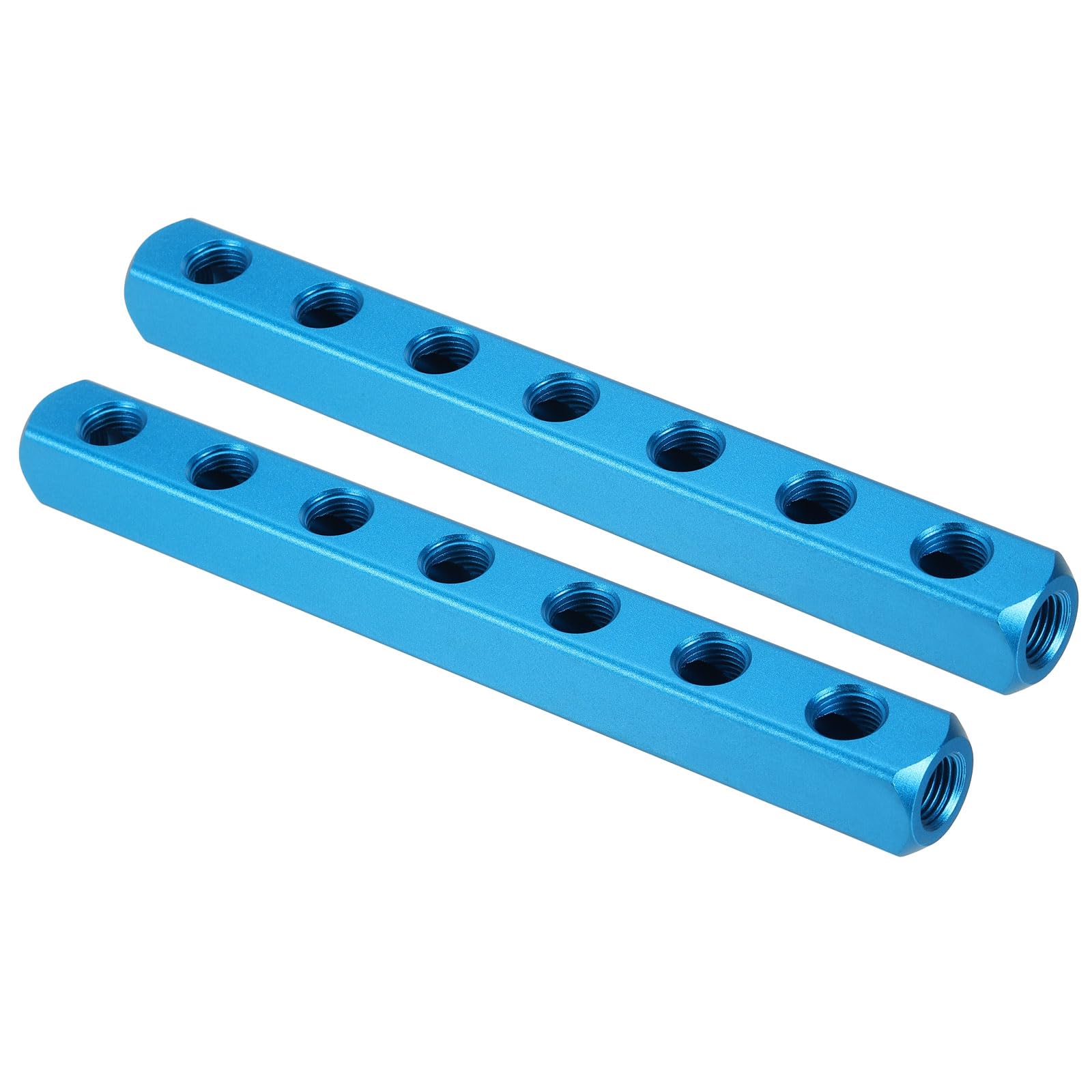 PATIKIL 7 Way 10 Port Air Manifold, 2 Pack G1/4 Inch Aluminum Air Hose Inline Manifold Block Splitter Pneumatic Air Hose Fitting, Blue