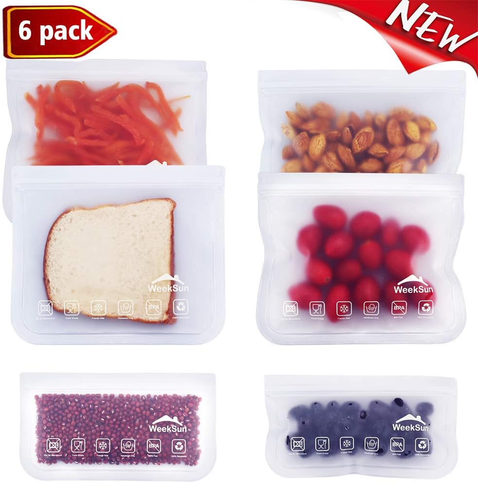 Reusable Storage Freezer Bags (2 Reusable Snack Bags &4 Reusable Sandwich Bags)- FDA Grade Extra Thick Leakproof Ziplock Portable Lunch Bags Home Kitchen Organization Pre-dinner Preparation