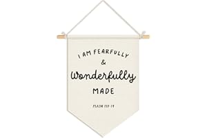 Wheatwin Christian Nursery Decor, I Am Fearfully and Wonderfully Made Wall Hanging Pennant Flag Banner, Bible Verse Wall Decor for Kids Nursery Toddler Room Bedroom Playroom 15x11 Inch