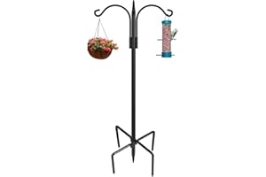 STAUKOK Double Shepherds Hooks for Outdoor, 1 Pack 74 Inch New Version Bird Feeder Pole with 5 Prongs Base, Heavy Duty Garden Hook for Hanging Plant, Lantern, Hummingbird Feeder