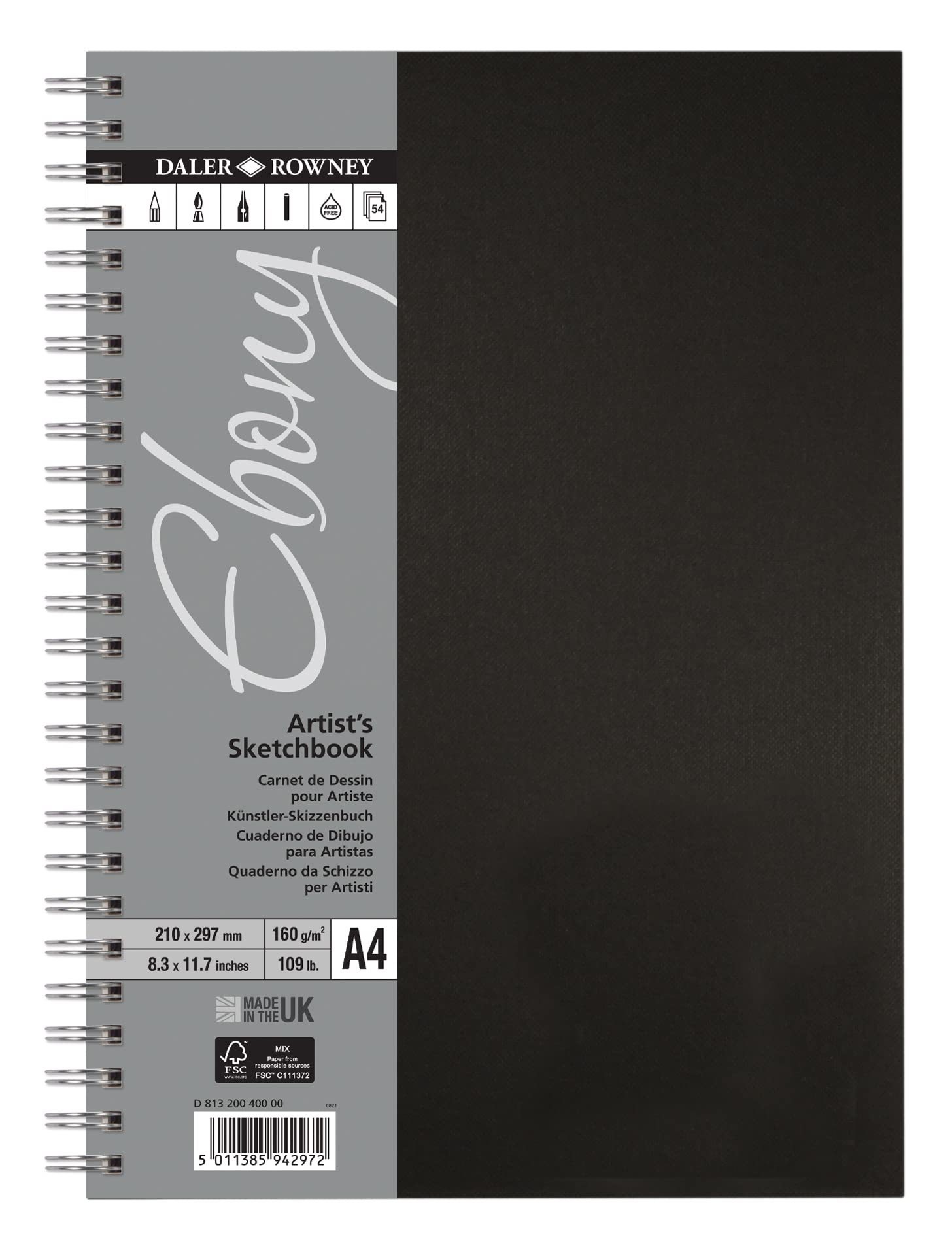 Daler-Rowney Ebony 160gsm A4 Smooth Portrait Sketchbook, Spiral Bound, 54 Natural White Sheets, For Professional Artists & Students