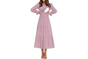 CzzzyL Women's Nursing Dress Flounces Long Sleeve Crew Neck Smocked Bodice Ruched Elastic Waist Tiered Midi with Pockets