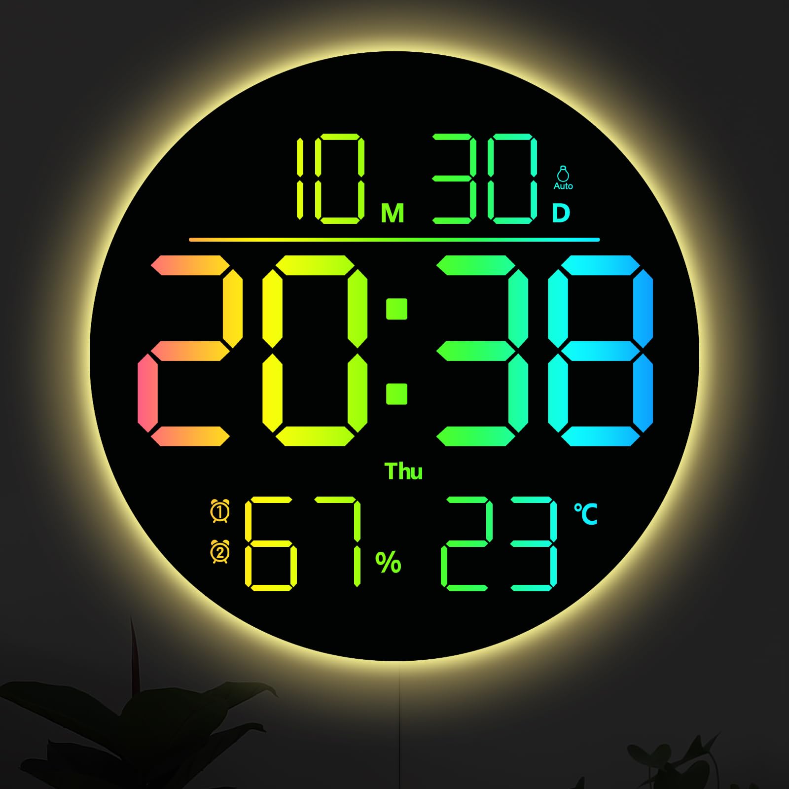 Photo 1 of **MISSING REMOTE** Tikonir 10" RGB Color Large Digital Wall Clock LED Display with Remote Control, Auto Dimmer, DST, Temp, Humidity, Auto on/off - Light, Plug-in Digital Alarm Clocks for Bedrooms, Living Room, Classroom