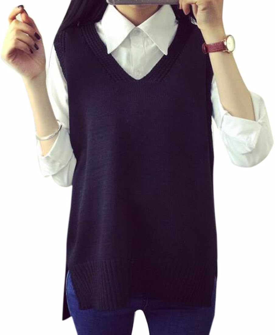 Women V Neck Sleeveless Knitted Sweater Vest Side Split Long Tunic Waistcoat Outwear Amazon.co