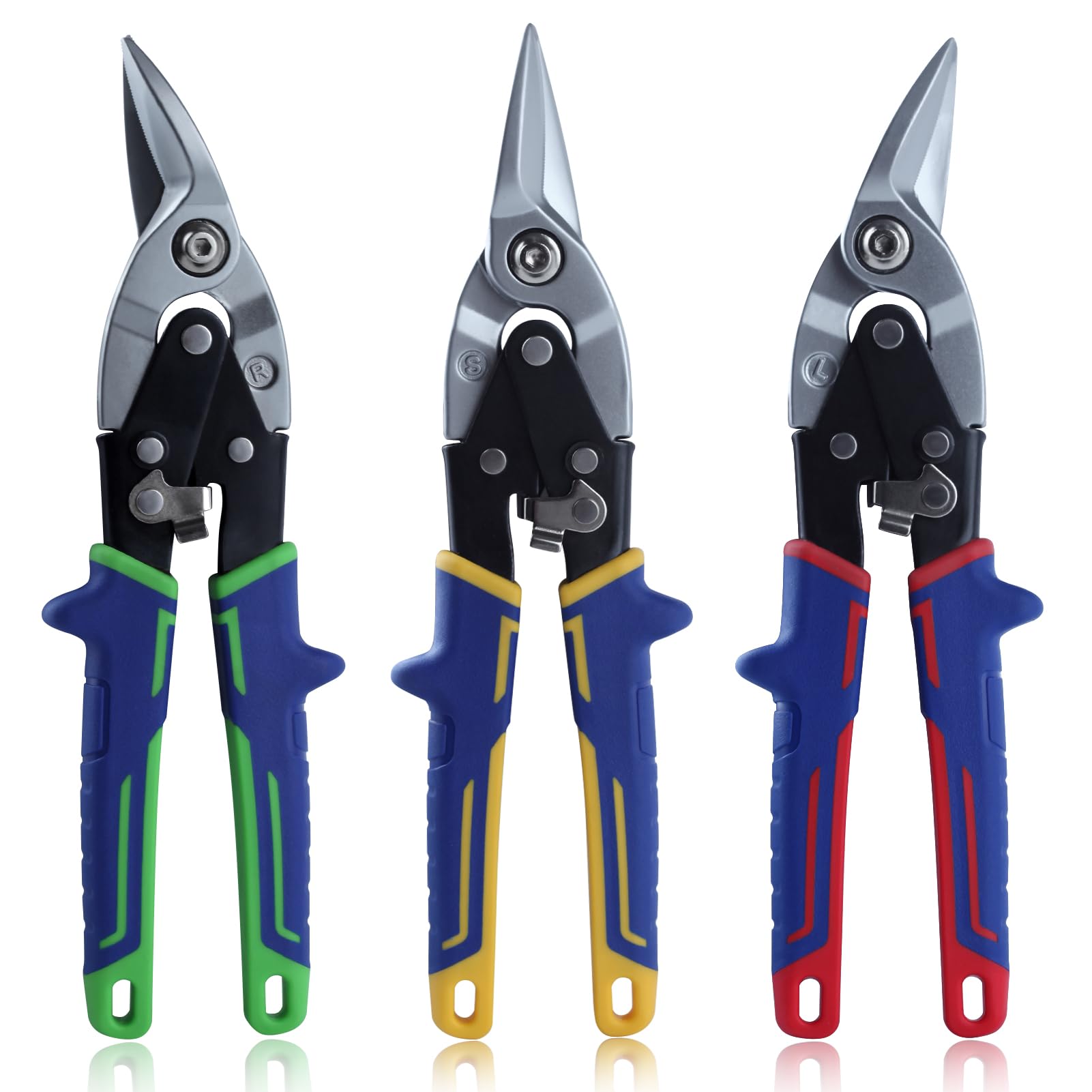 SPEEDWOX 10 Inch 3PCS Aviation Snips Set Aviation Tin Snips Offset Aviation Snip Offset Snips for Left Right and Straight Cut for Cutting Metal Sheet with Serrated Jaws Safety Latch and Hanging Hole