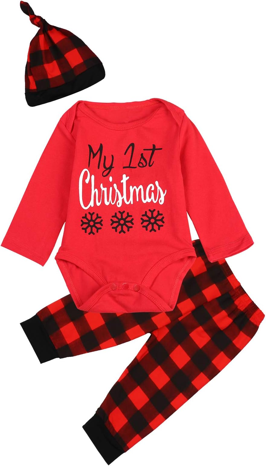 Auggle Infant Baby Boys Girls 3-Piece My First Christmas Snowflake Plaid Bodysuit (Red, 12-18 Months)