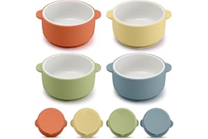 Domensi 4 Sets Kids Porcelain Bowls with Suction Sleeves Toddler Suction Bowl Upgrade Durable Microwave Dishwasher Safe Cereal Soup Snack Dishes for Baby Children Feeding Supplies (Vivid)