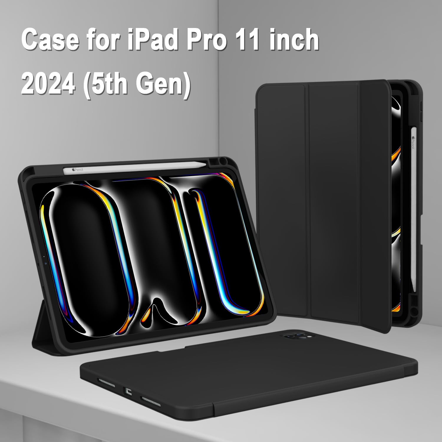 ZryXal iPad Pro 11 Inch Case (M4) 2024 5th Gen (Model: A2836/A2837/A3006), Trifold Stand Smart Cover with Pencil Holder and Soft TPU Back, Auto Wake/Sleep (Black)