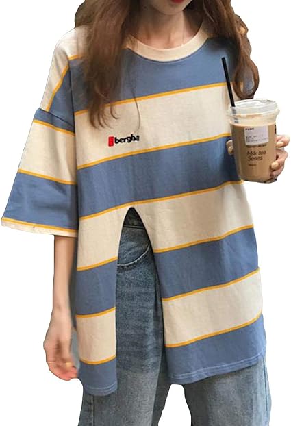 Amazon Aozuotシャツ レディース 夏 ストライプ ゆったり Tシャツ 可愛い 半袖 カットソー ロング丈 涼しい おしゃれ トップス プルオーバー 韓国風 カジュブルー Tシャツ カットソー 通販