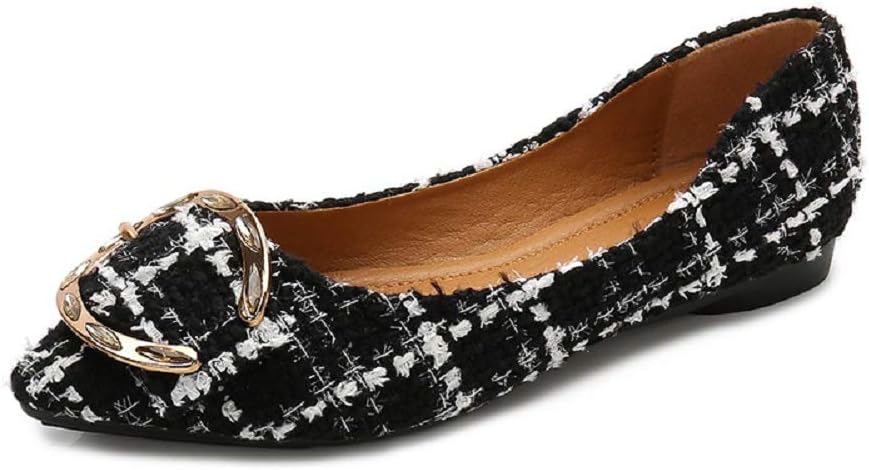 Fnnetiana Women Classic Pointed Toe Slip On Flats Plaid Comfortable Metal Ballet Flat Shoes