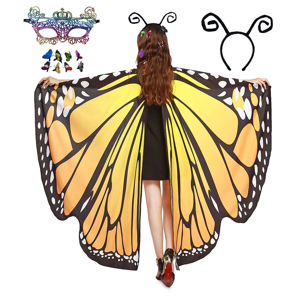 HAPNBCELE Womens Butterfly Wings Costume, Butterfly Cape 11PCS with Lace Masks Hair Clips Halloween Christmas Fairy Cosplay (Saffron Yellow, 165 x 135cm) — image 1