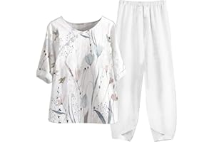 YMADREIG Womens Summer Linen Sets 2 Piece Lounge Sets Half Sleeve T Shirts with Cotton Linen Pants Plus Size Vacation Outfits