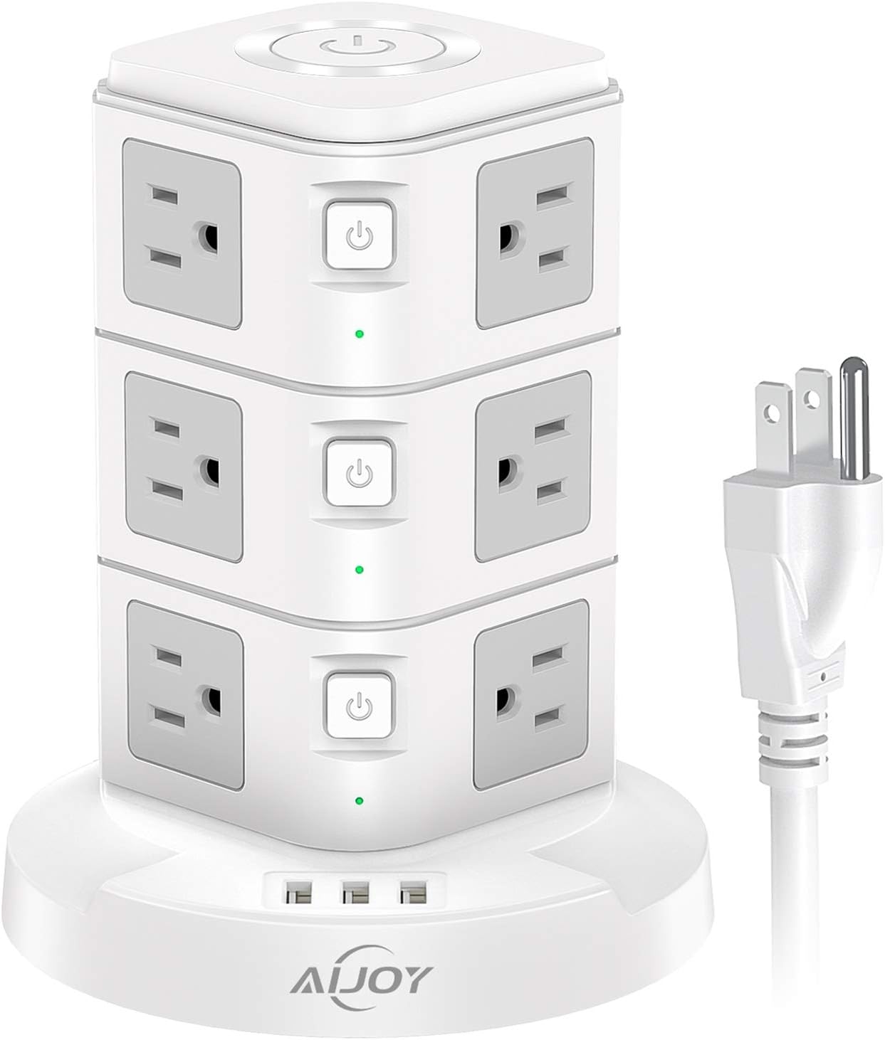 AiJoy Surge Protector USB Power Strip Tower with Top Night Light,10ft Extension Cord with 12 Outlets,3 USB Ports(MAX 3.1A) and 3 Individual Switches, Fast Charging Station for Home and Office: Electronics