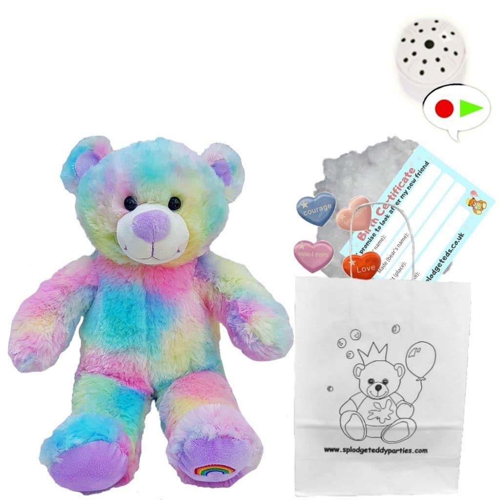 Magical Rainbow Teddy Bear - Soft Plush Toy - 10 inch / 25cm - Build your own Teddy Bear - Party Kit with Voice Recorder