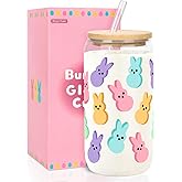 BOYIN HUES Easter Bunny Cup, Easter Gifts for Women Girls Kids, Teens Basket Stuffers, Cute 16oz Glass Iced Coffee Cup with Lid And Straw (Colour)