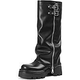 Phefarer Women's Knee High Fold Over Boots Chunky Platform Lug Sole Comfortable Leather Round Toe Goth Moto Combat Dress Boots for Women