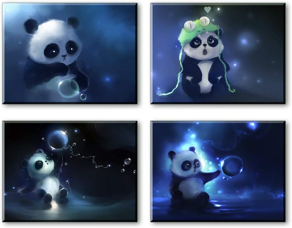 Amazon Com Panda Wall Art Decor For Bedroom 4 Piece Cute Baby Animals Canvas Prints Picture Lovely Bubble Playing Home Deco Artwork 1 Thick Waterproof Bracket Mounted Posters Prints
