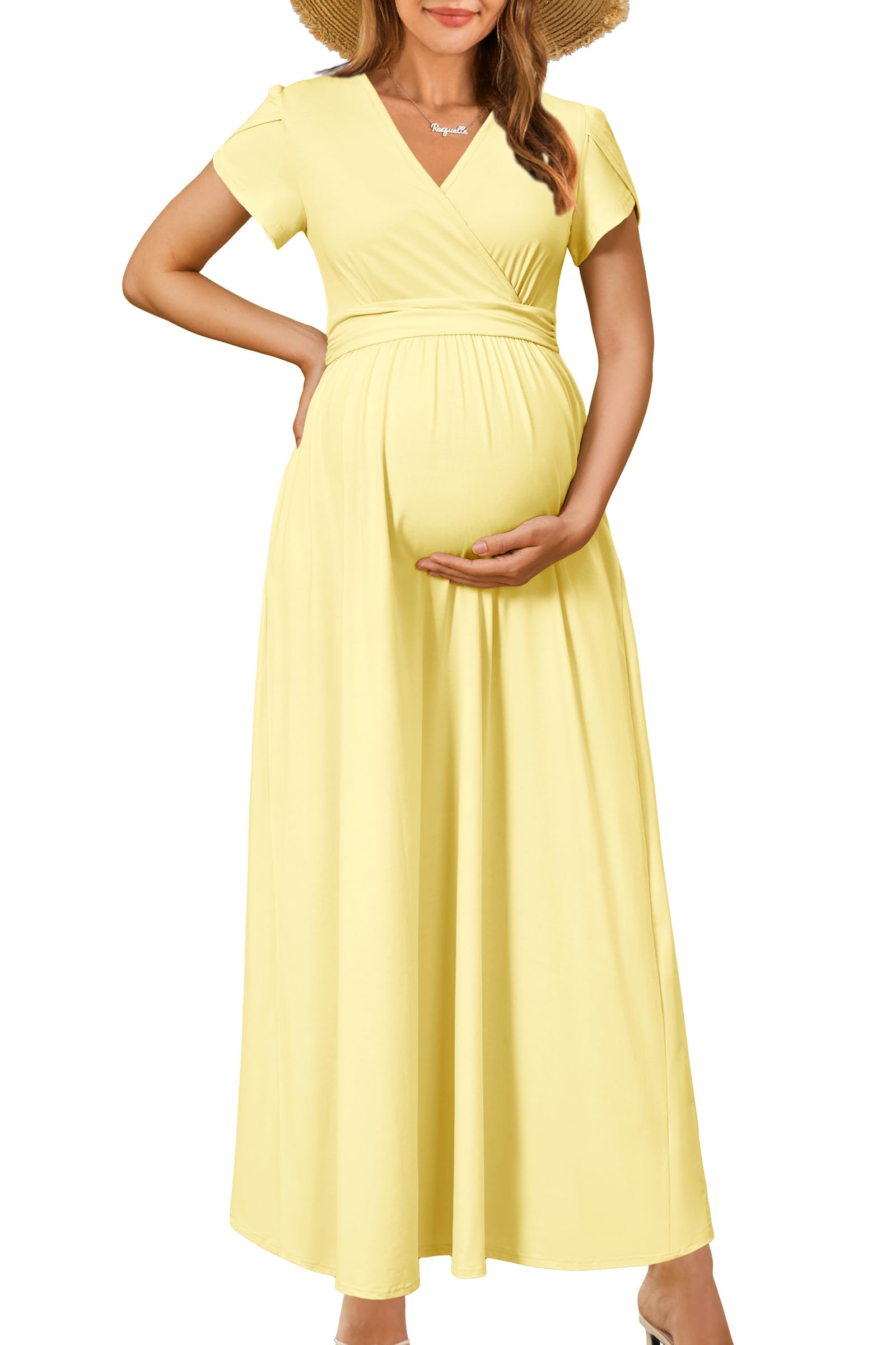 OUGES Maternity Maxi Dress Wrap Baby Shower Pregnancy Dresses for Photoshoot Maternity Outfits Summer Clothes 2026(Yellow,L) Image