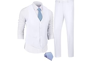 JPF Men's 2 Piece Slim Fit Suit Set, Solid Vest and Pants Suit for Men with Tie