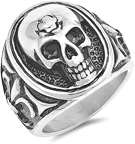 Stainless Steel Skull with Fluer De Lis Ring - Size 13