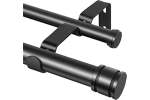 Zeerobee 1 Inch Double Curtain Rod, Black Double Curtain Rods for Windows 66 to 120, Adjustable Heavy Duty Drapery Pole with Classic End Caps, Black, 32"-120"