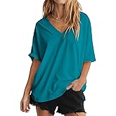 Ovanviso Womens Cotton Ribbed Trim V Neck T Shirts Oversized Short Sleeve Tees Trendy Loose Fit Tops Summer Clothes 2026