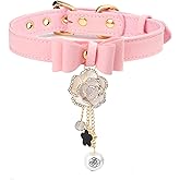 Leather Collar Necklace for Women with Bow Bell Kitty Cat and Delicate Tea flower pearl pendant Choker for Ladies Black Pink Red (A1-Flower, A-Pink)