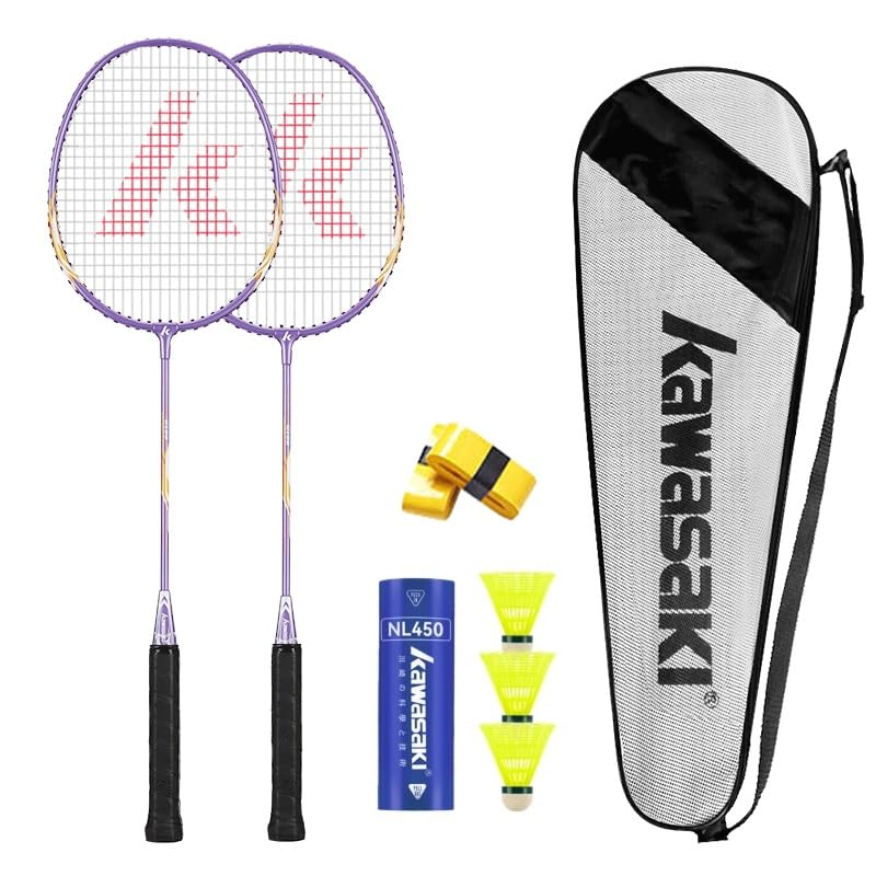 Kawasaki Badminton Schläger Set 2, Leichtgewicht Profi Badmintonschläger Mit 3 Federbälle, 1 Schlägertasche, 2 Federballschläger Für Sport Und Unterhaltung - Lila
