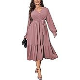 SCOMCHIC Womens Plus Size Wedding Guest Dresses Long Sleeve Faux Wrap V Neck Belted A-Line Flowy Maxi Cocktail Dress