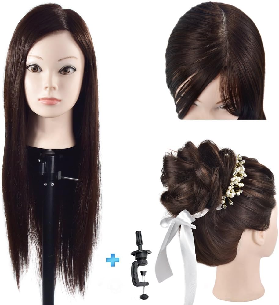 Cosmetology Mannequin Head with Hair for Braiding 26โ Brown Training Head Manikin Doll Head Synthetic Fiber Hair with Clamp