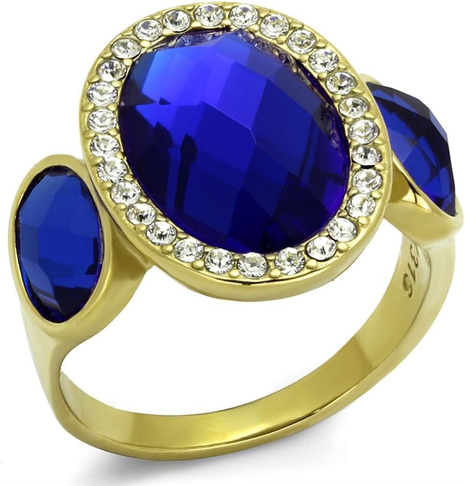 Yourjewellerybox TK2495pb Cushion Cut Three Stone Blue Sapphire Simulated Diamond Ring Oval