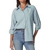 QINSEN Oversized Button Down Shirts for Women Long Sleeve Striped Casual Blouse Cotton Tops
