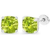 14K Gold Plated 925 Sterling Silver Hypoallergenic 7mm Cushion Cut Genuine Birthstone Solitaire Screwback Stud Earrings