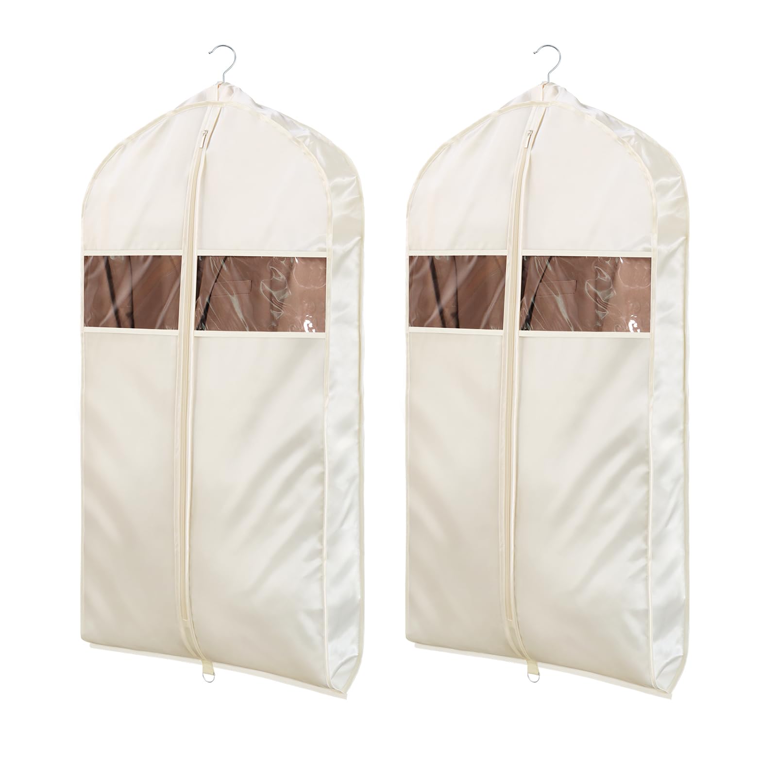 Univivi Super Soft Satin Hanging Garment Bags, 43" Suit Bags with Zipper, Suit Cover Garment Bags with Gussets, Breathable & Non-smell for Dresses, Coats, Jackets, Clothes 2 Pack - Apricot