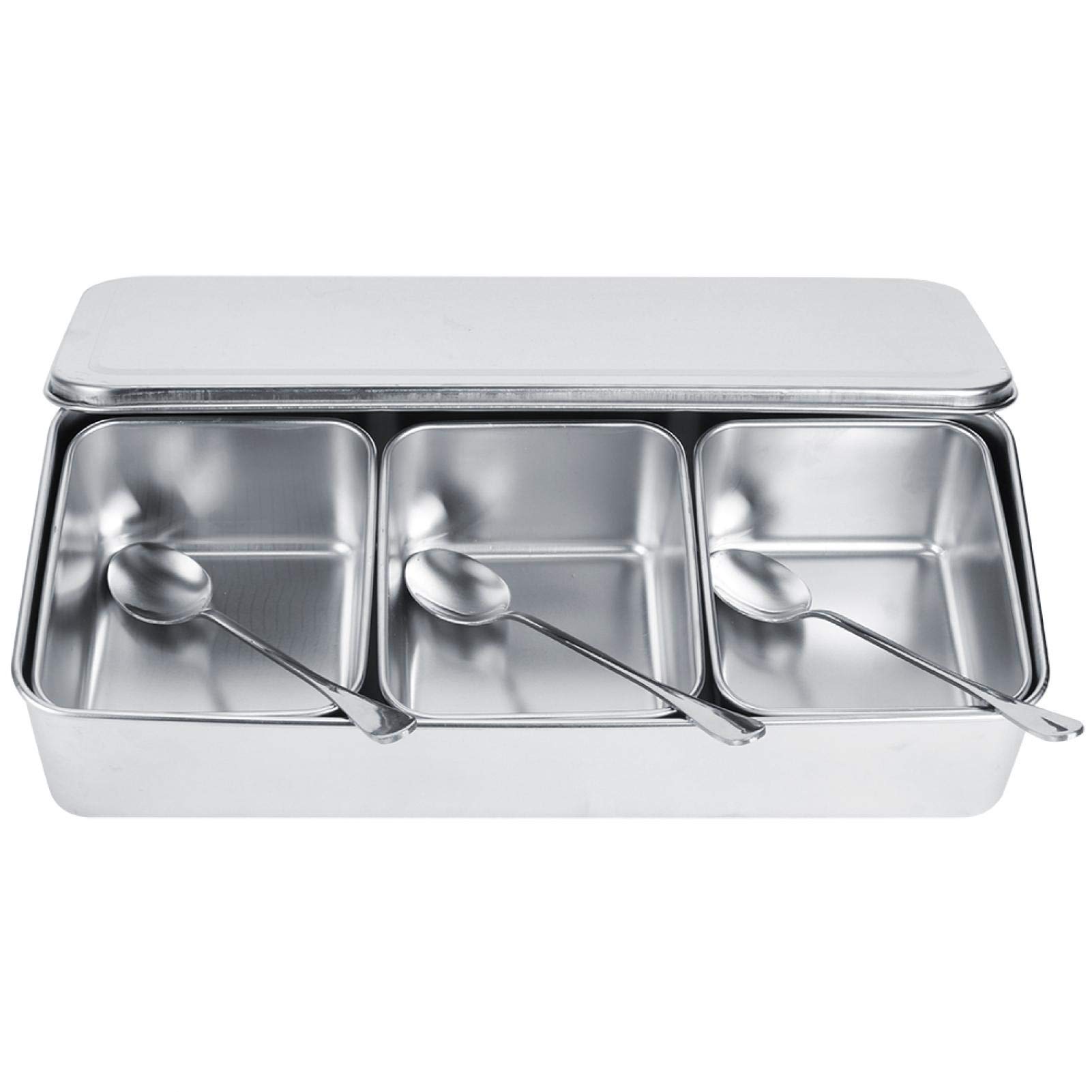 Oubit Seasoning Jar Household 3‑Grid Stainless Steel Seasoning Box Jar Spice Container Set with Spoons Cover