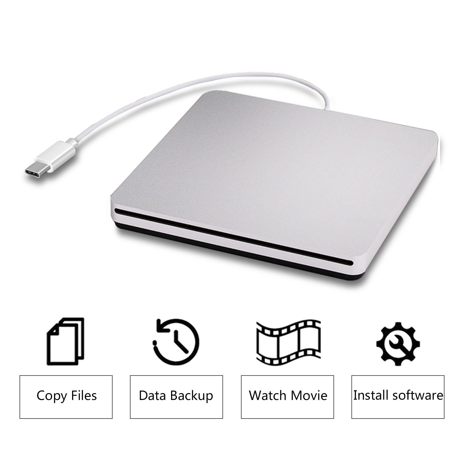 tengertang Type-C Super External Drive,USB Portable External DVD/CD Drive Burner/Reader/Rewriter for The Latest MacBook/MacBook Pro/ASUS/DELL Latitude with USB-C Port (Silver.)