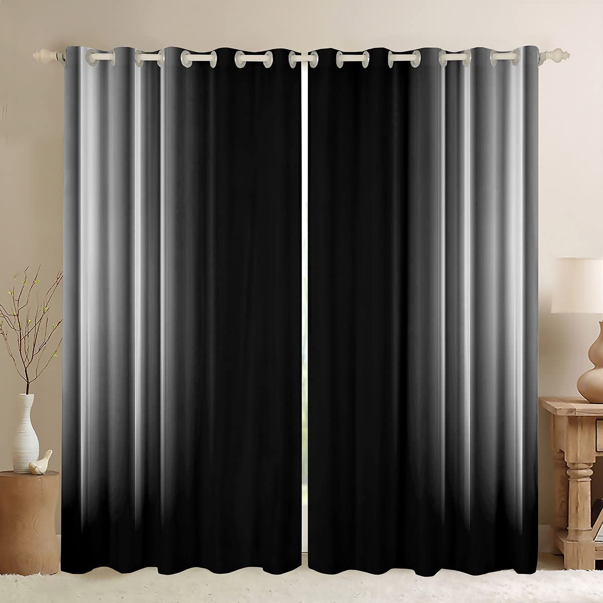 Geometric Abstract Ombre Curtains Teens Grey Gray And Black Striped Window Curtains for Bedroom Living Room Kids Boys Girls Simple Modern Window Drapes Treatments W52*L63