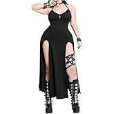 Verdusa Women's Plus Size Lace Thigh Slit Halter Dress Goth Backless Maxi Dresses