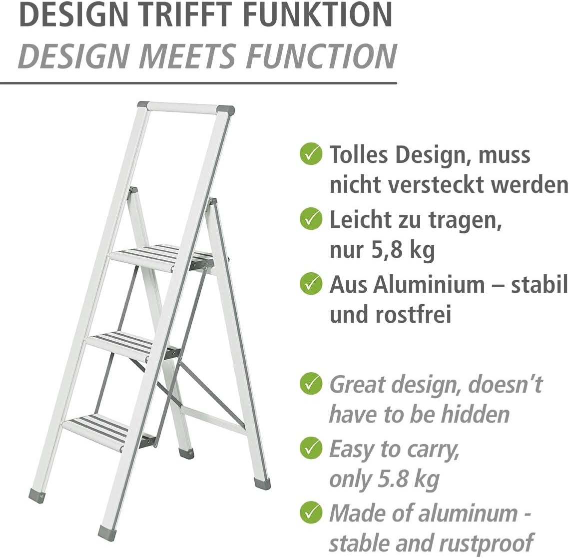 WENKO 601016100 Aluminium design folding stepladder 3-step white - household ladder, Aluminium coated, 44 x 127 x 5.5 cm, White - Image 4