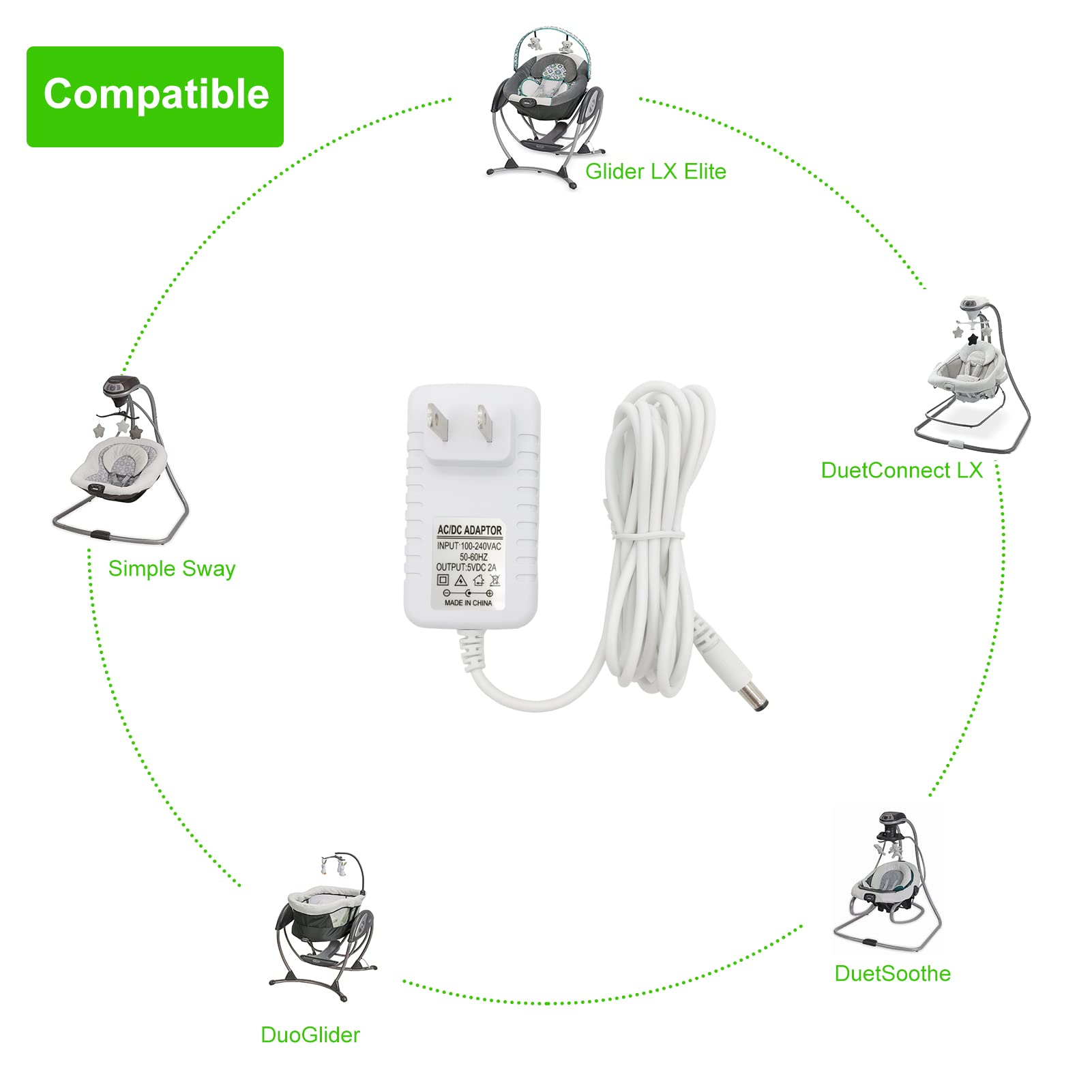 Power Cord Replacement for Graco Baby Swing DuoGlider, DuetSoothe, Dreamglider, Simple Sway, Sweetpeace Charger 5V AC Adapter, White