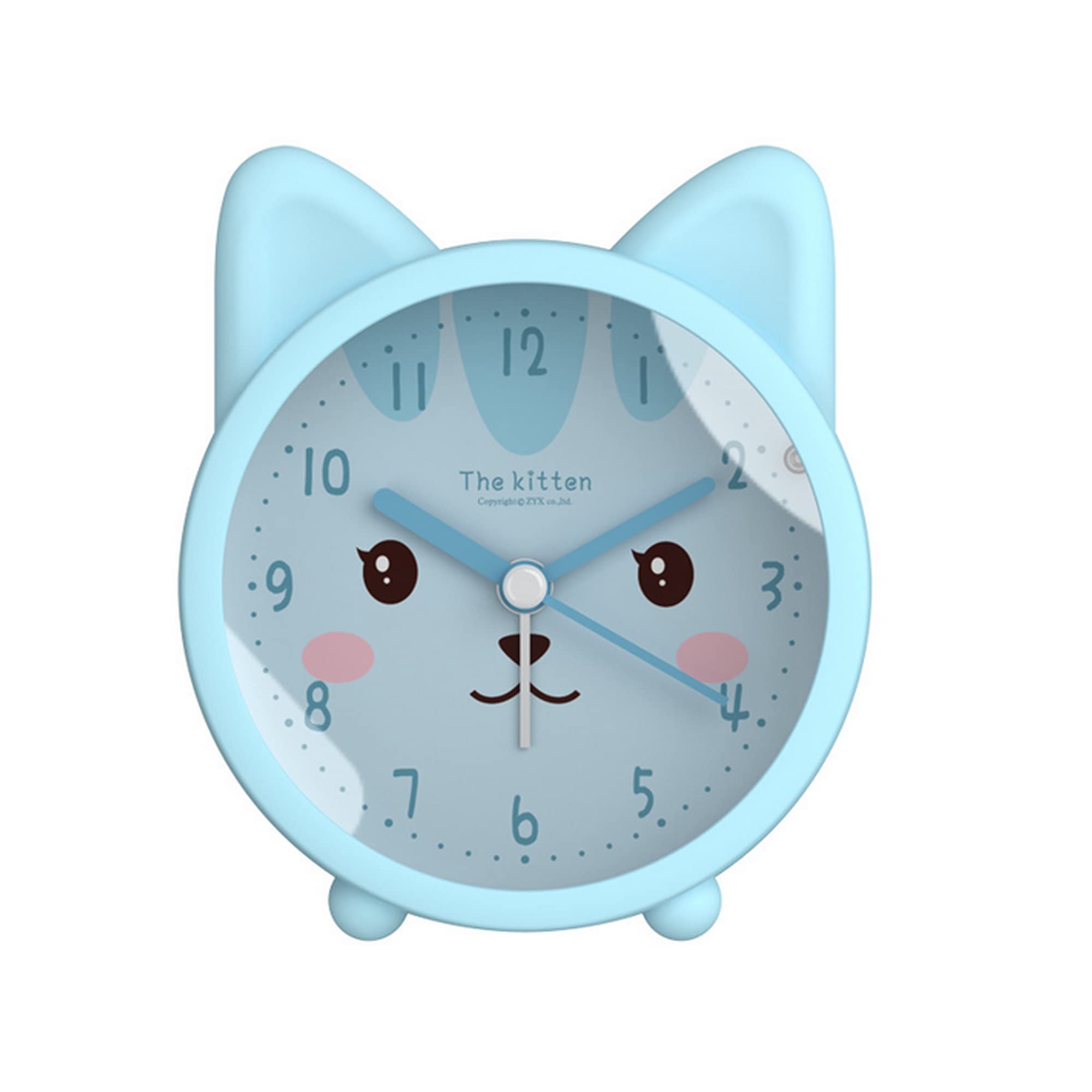 Children Cute Animal Dog/Cat Alarm Clock Silent Non-Ticking Quartz Desk Bedside Alarm Clock for Kids (Blue Cat)