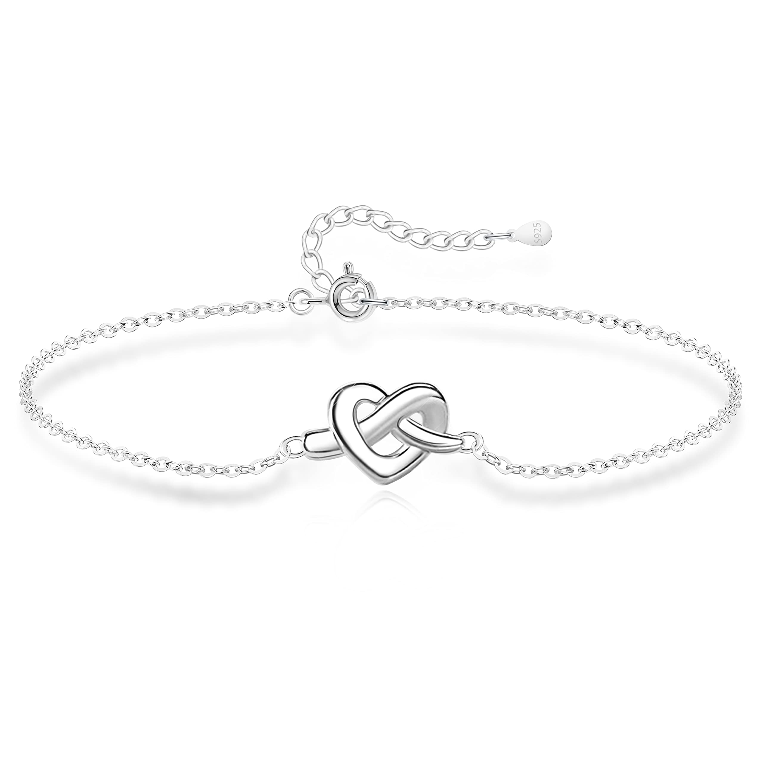 KristLand 925 Silver Heart Bracelet Sterling Silver Bracelet Hand Chain White Gold Plated Adjustable Silver Bracelet Anniversary Birthday Gifts for Women Ladies Girl