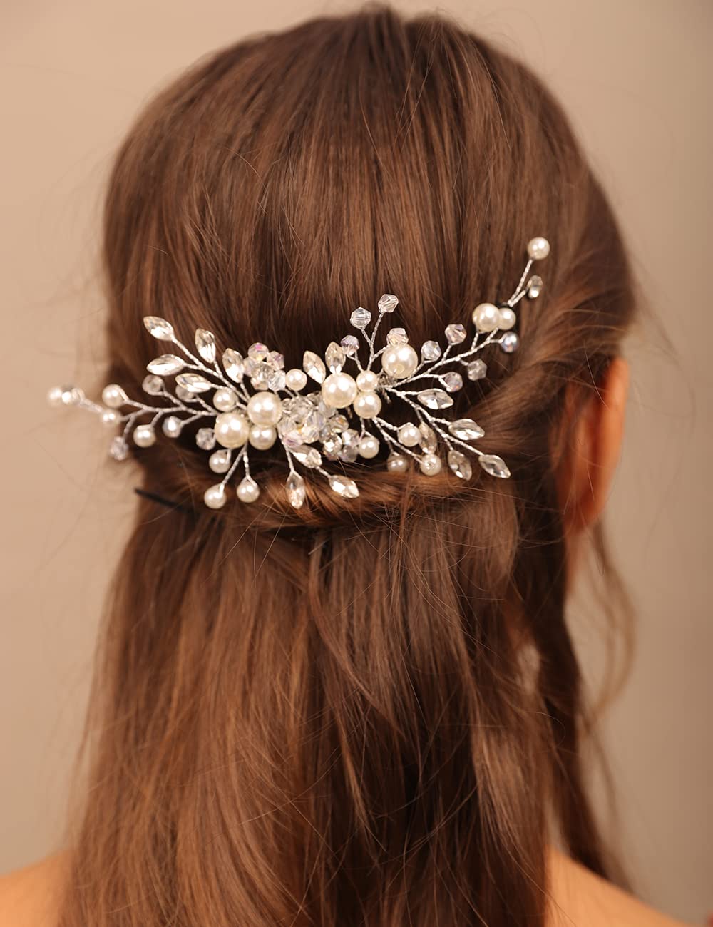 Chargances Bride Pearl Rhinestone Hair Comb Wedding FlowerCrystal Hair Vine Comb Dainty Fashion Beaded Handmade Hair Accessories for Women Bridesmaid Girls (Silver)