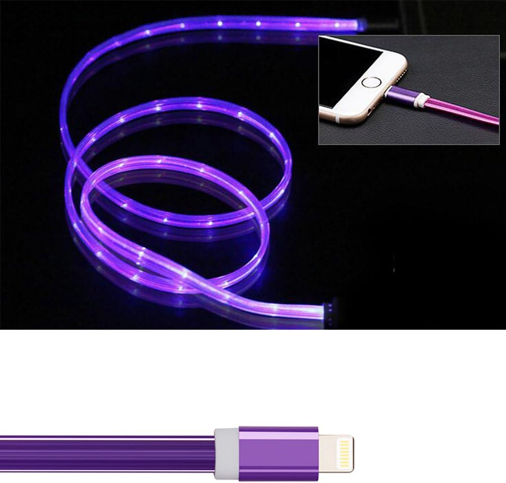 3ft Visible Flowing LED USB Cable Sync Data Fast Charger Cord for iPhone 11/ iPhone Xs MAX/XR/ /8/8 Plus/7/7 Plus/6/6 Plus, iPod and iPad and More-with Cell Phone Finger Ring Stand（Purple