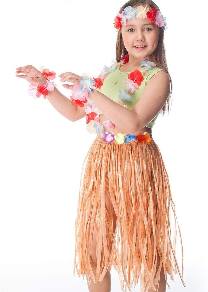 FEPITO Hawaiian Grass Hula Skirts Sets Include Flower Leis Necklace Headband Bracelets Luau Skirts for Hawaii Costume Tropical Luau Birthday Party Supplies (1 Set) - Image 3